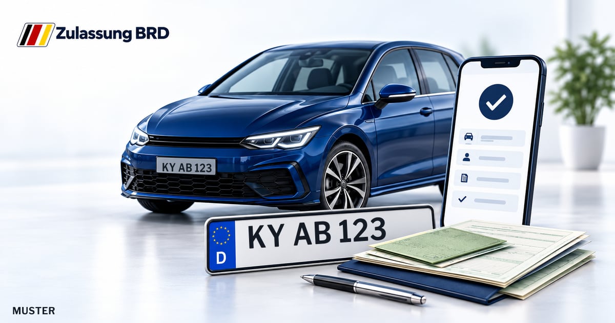 Online Fahrzeugzulassung in Landkreis Ostprignitz-Ruppin: Musterkennzeichen KY AB 123, Auto und Fahrzeugpapiere und Smartphone. Illustration mit Logo von Zulassung BRD.